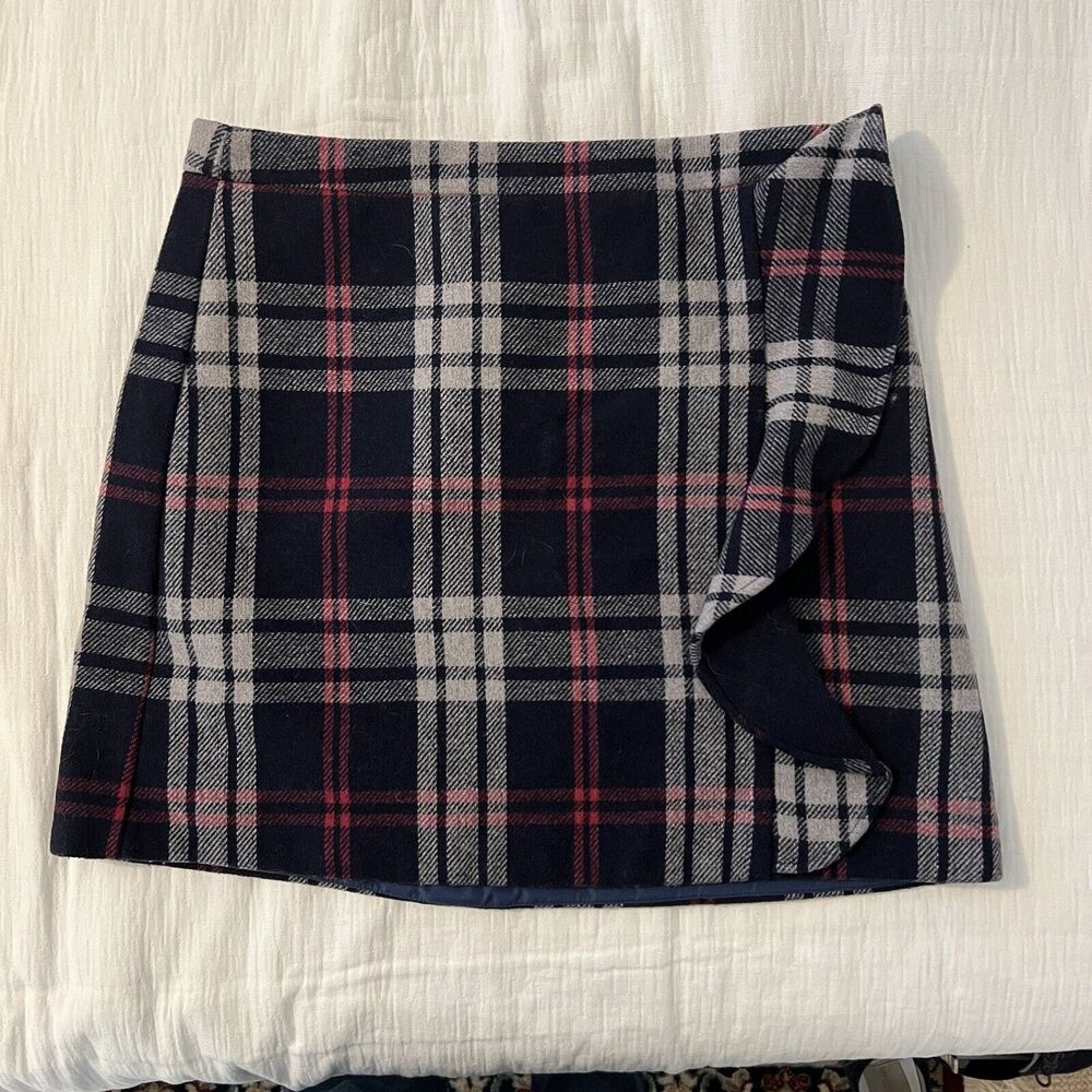 J Crew Mercantile Women’s Buffalo Check Mini Skirt Ruffle Wool Blend Size 10